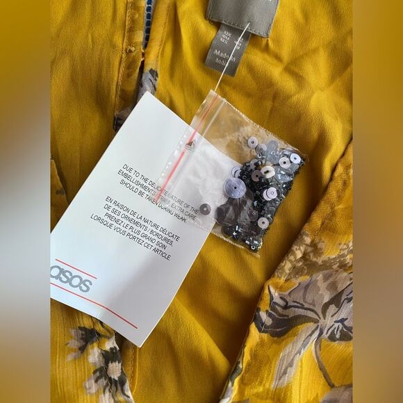 ASOS DESIGN Long Sleeve Mini Dress Yellow Floral Print Sequin Silver Sz 8 NEW - Picture 7 of 16